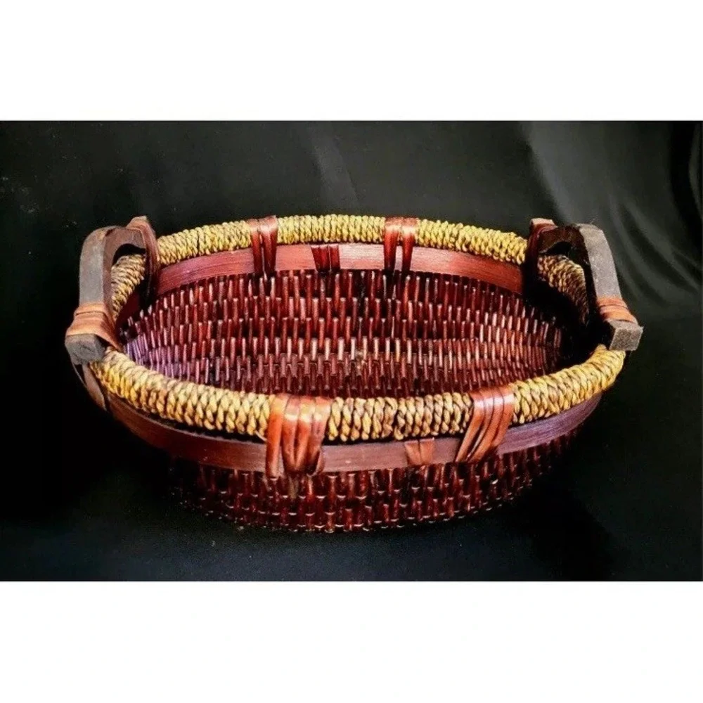 Vintage Chinese Woven Willow Basket With Wood Handles 12